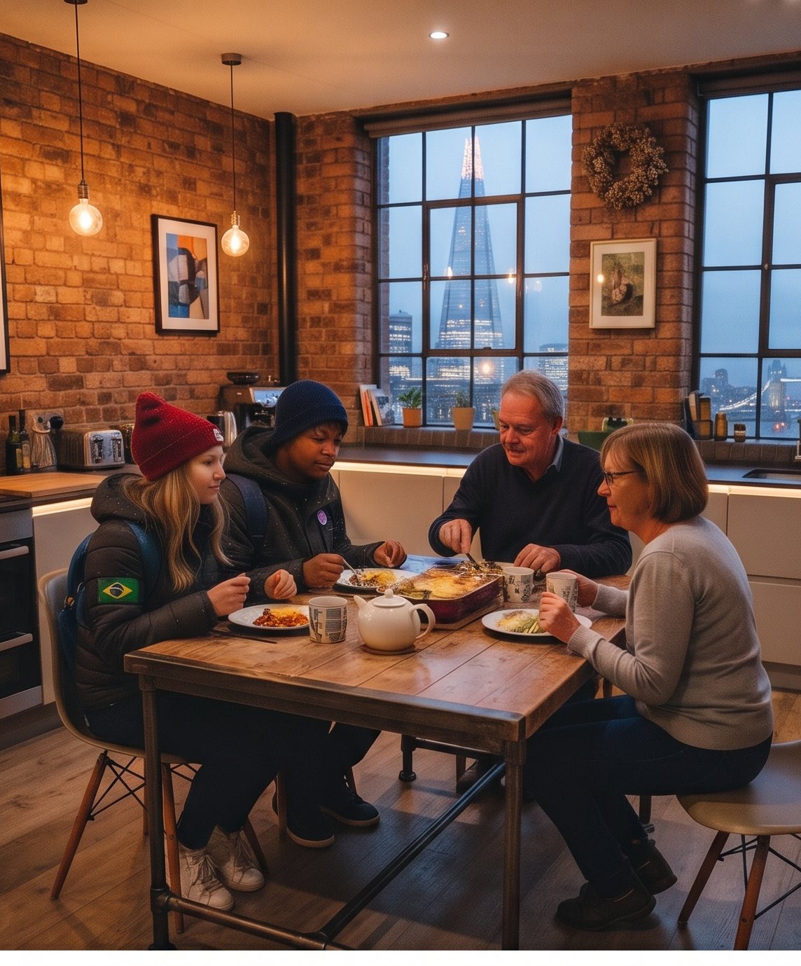 Intercambistas brasileiros jantando com a família anfitriã britânica em um apartamento com vista para Londres